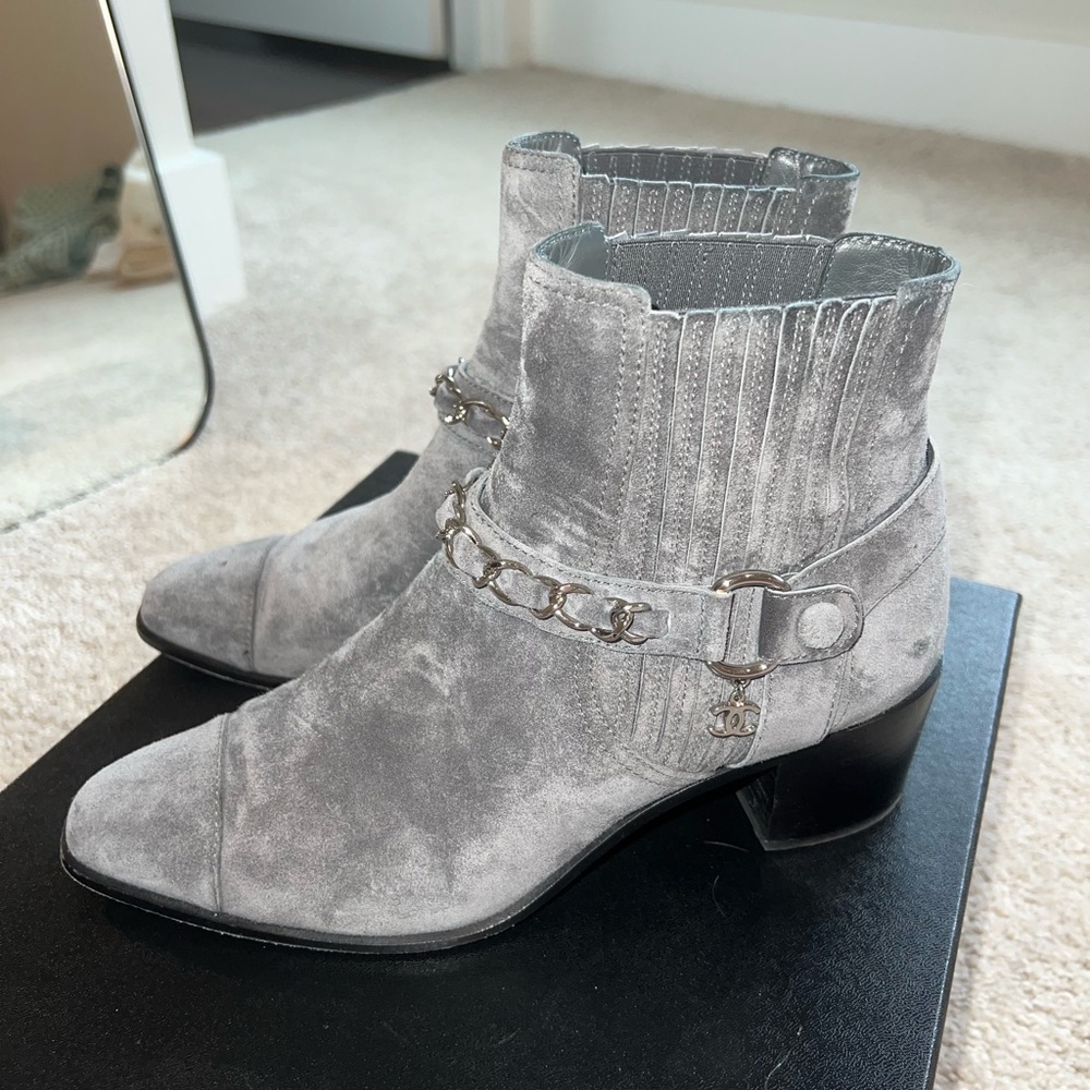 Chanel Grey Suede Booties. Size 39.5 but fits like 39
